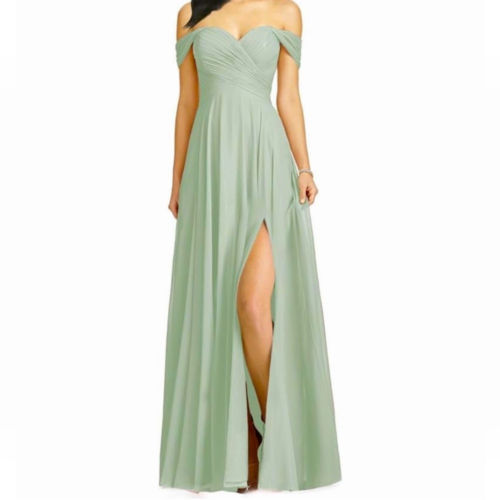 Off shoulder chiffon bridesmaids dress with slit